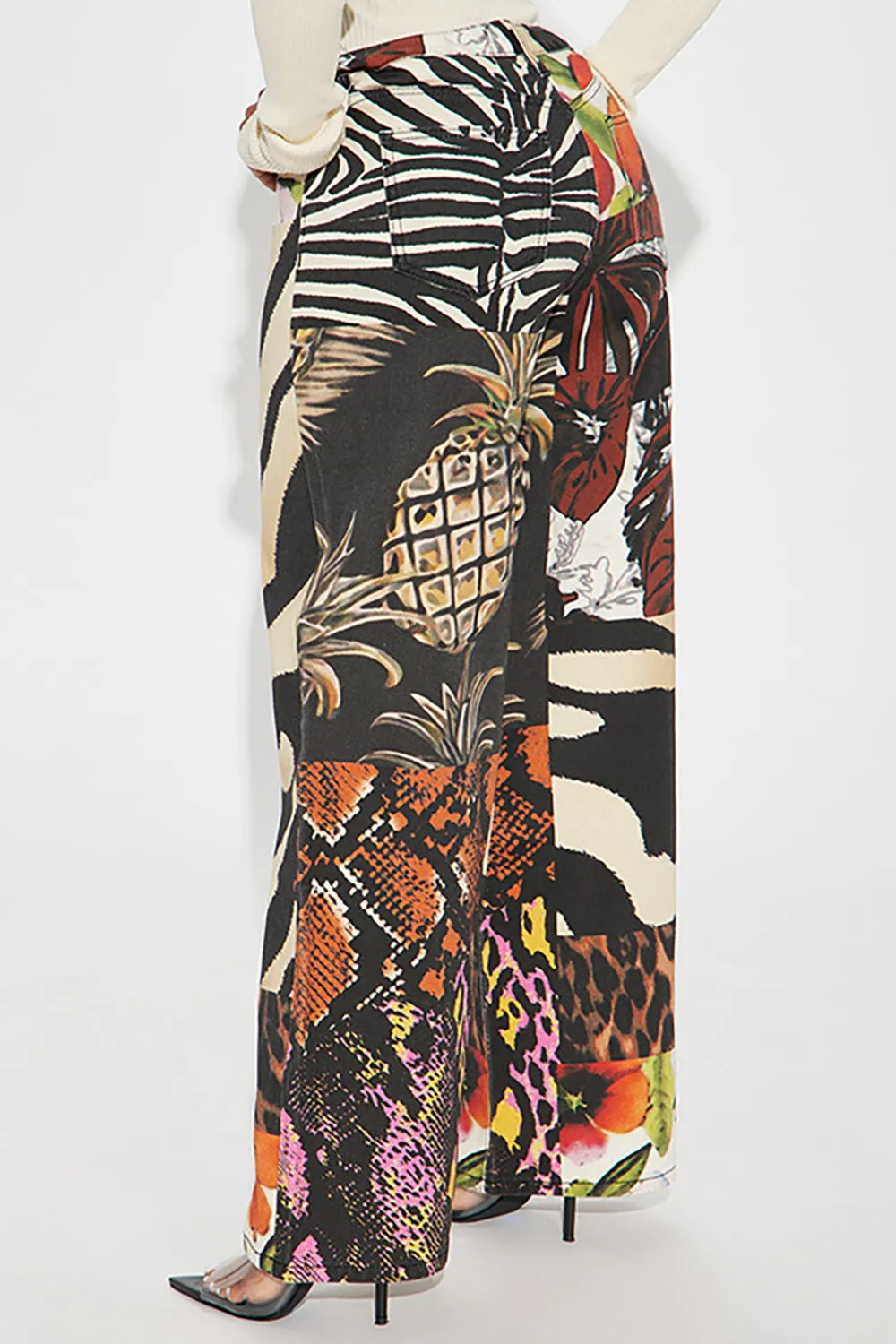 Fruits Animal Mixed Print Wide Leg Casual Pants-Black