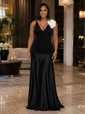 V Neck 3D Floral Ruched Mesh Satin Patchwork Gowns Maxi Dresses
