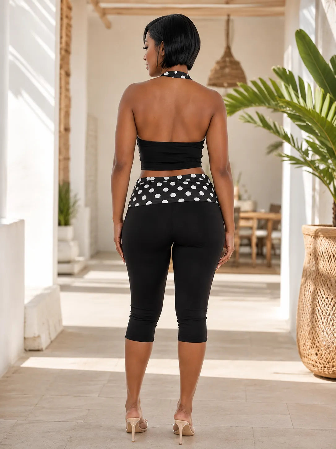 Polka Dot Print Halter Neck Crop Top Ruched Cargo Pants 2pcs Set