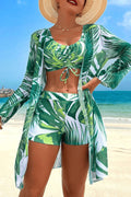 Tropical Print Long Sleeve Cardigan Split Swimsuit Tankinis 3pcs Set-Green