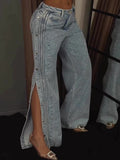 High-Waisted Rhinestone Embellished Side Button Jeans