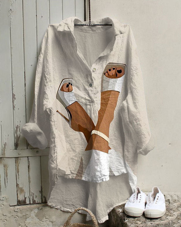 Women's Fashion Print Cotton And Linen Tunic Shirt