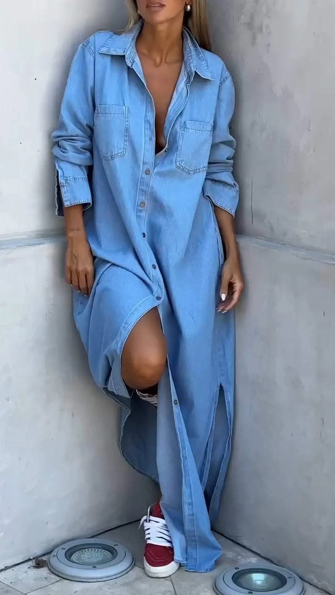 Women's Lapel Denim Extra Long Slit Casual Dress