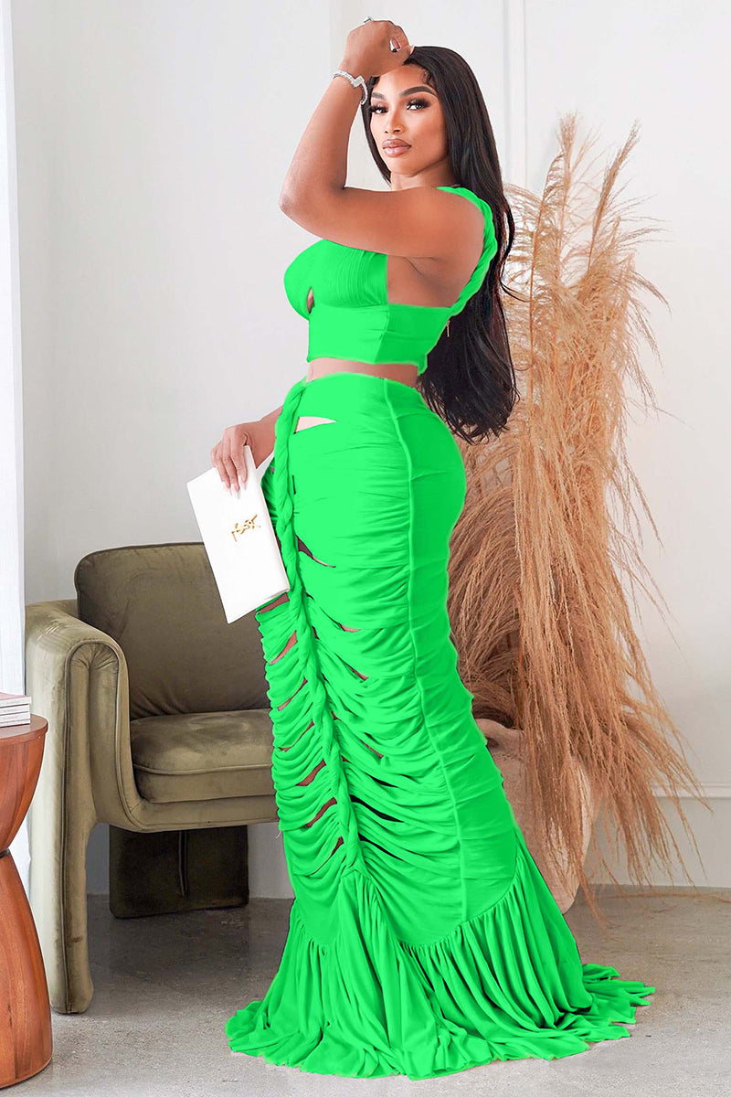 One Shoulder Crop Top Twisted Cutout Ruched Ruffle Hem Maxi Skirt White Slim Matching Sets