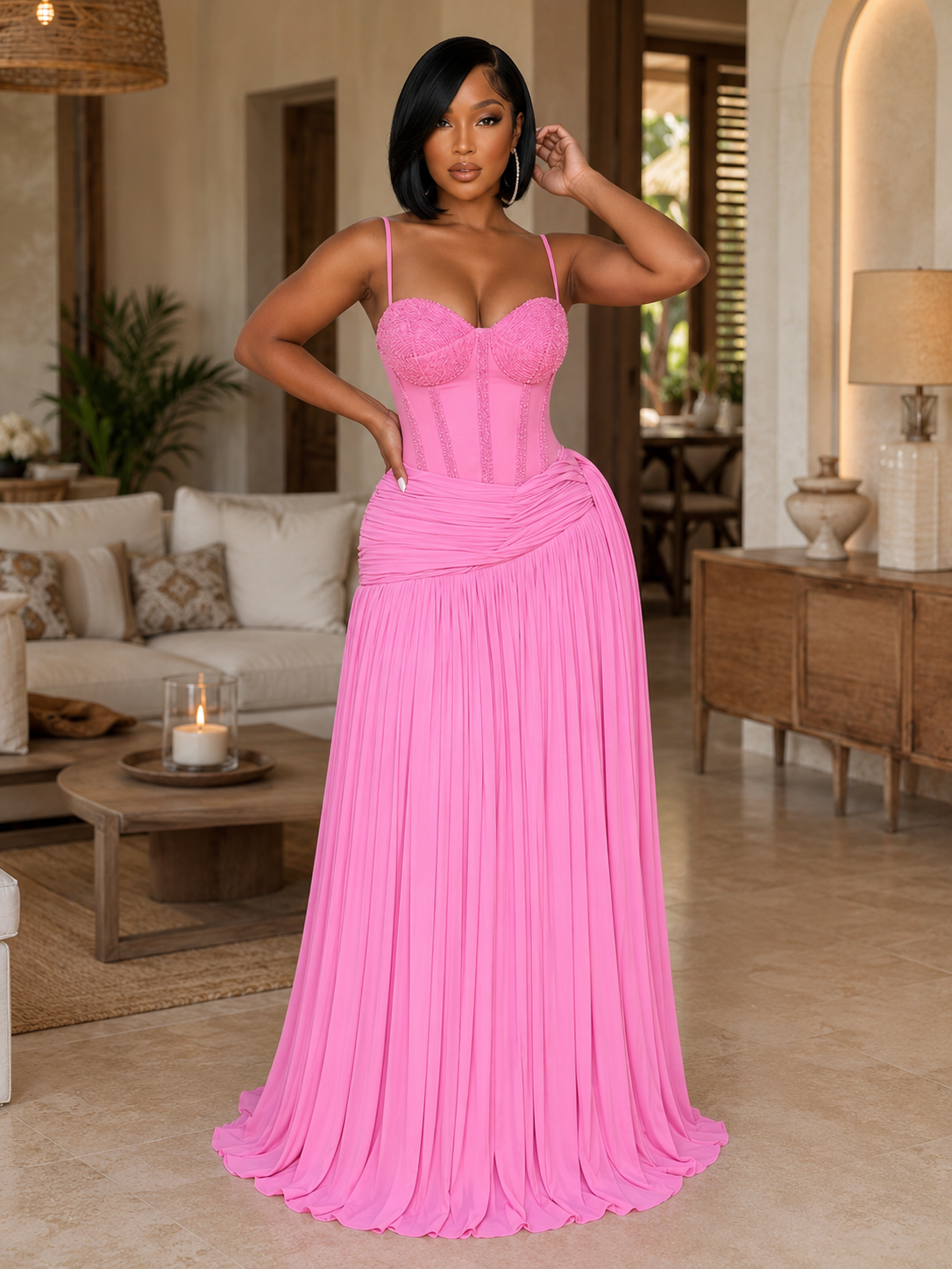 Cami Neck Rhinestone Mesh Patchwork Ruched Maxi Dresses