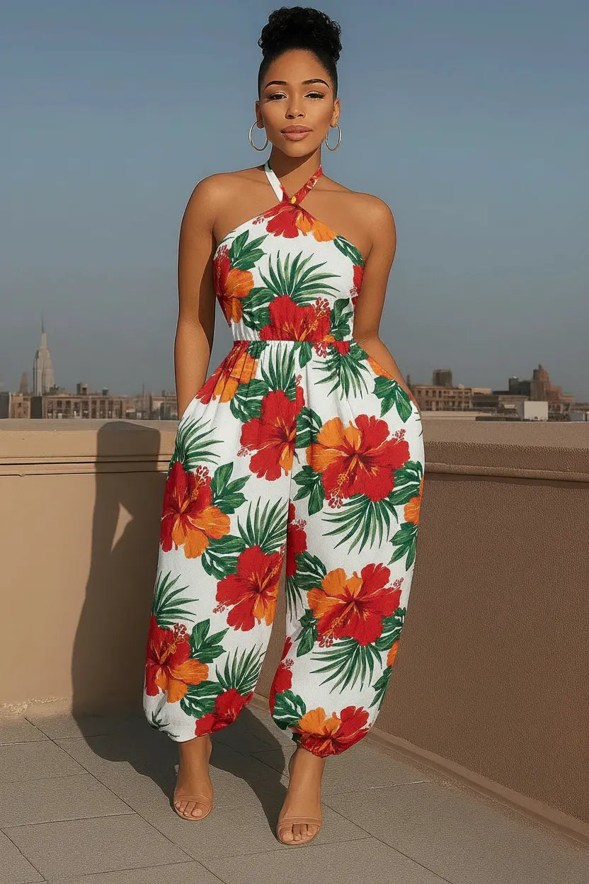 Tropical Floral Print Halter Neck Jumpsuit