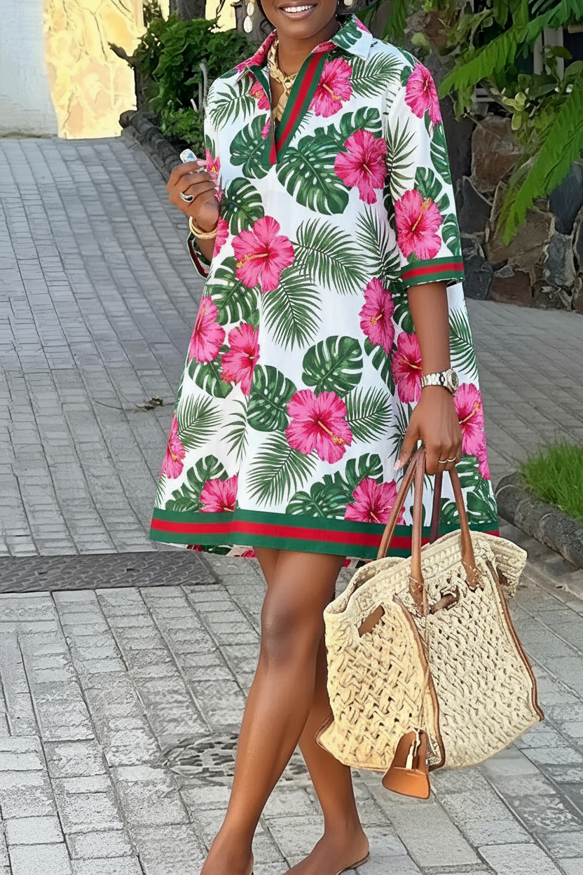 Hibiscus Tropical Floral Print Shirt Dress