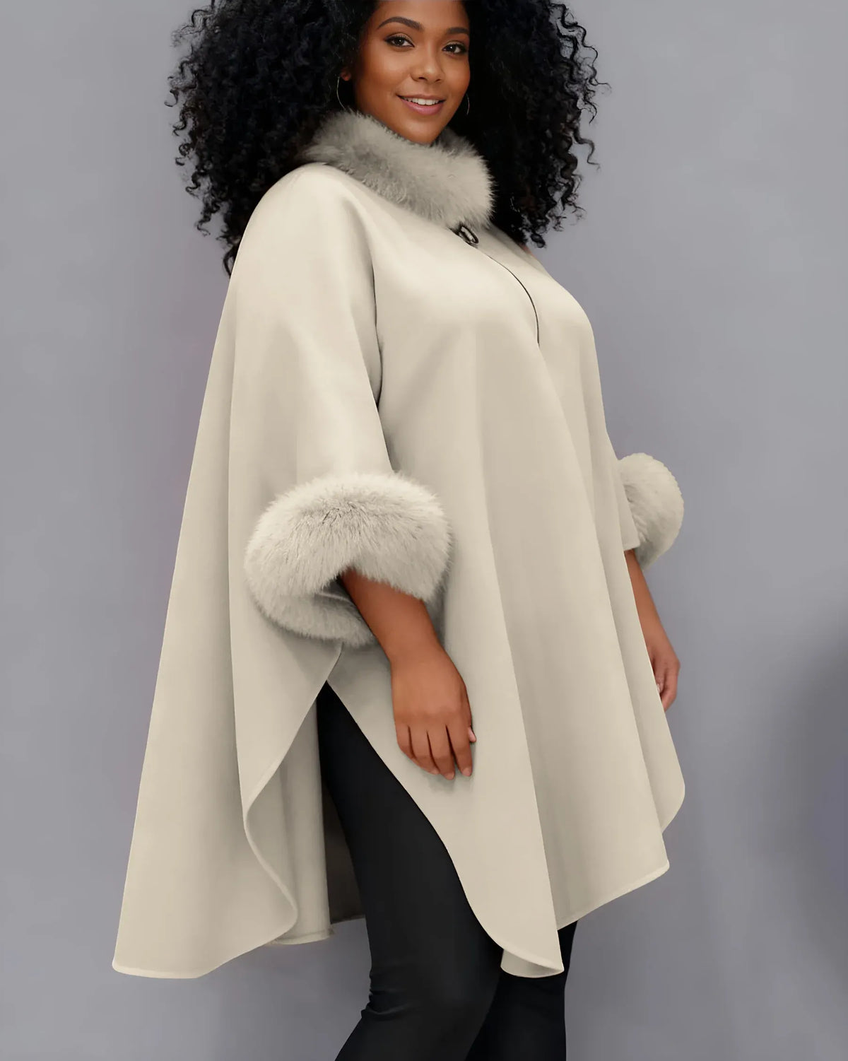 Autumn And Winter Large Rabbit Fur Collar Mid-length Woolen Coat Elegant Cape Shawl Hepburn Style Woolen Large Size Coat