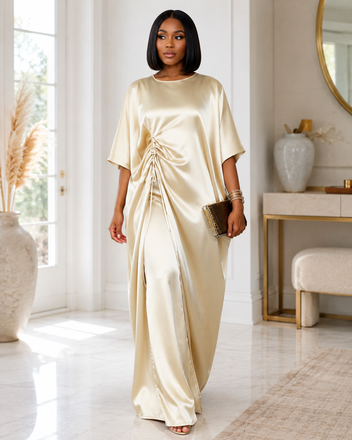 Satin Kaftan Two-Piece Set with Ruched Side Tie