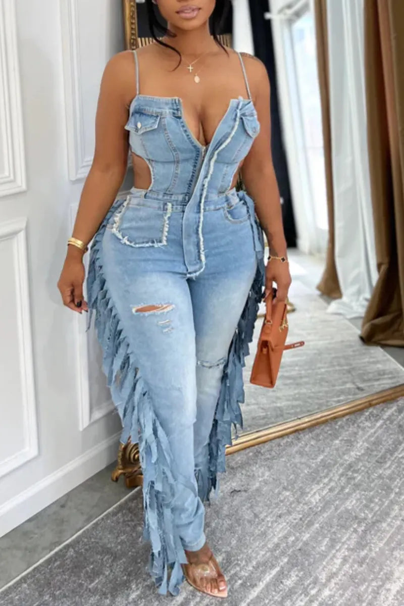 Womens Strappy Patchwork Sexy Casual Denim Jumpsuit