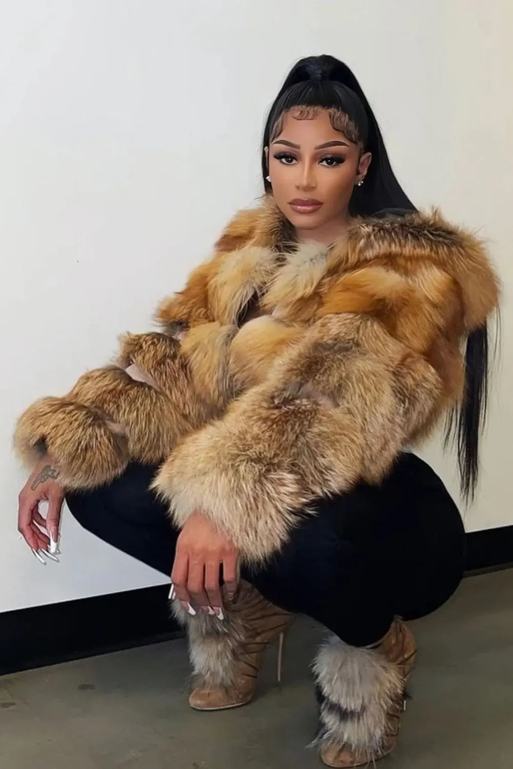 Long Sleeve Hooded Front Opened Quilted Faux Fur Crop Coat-Brown