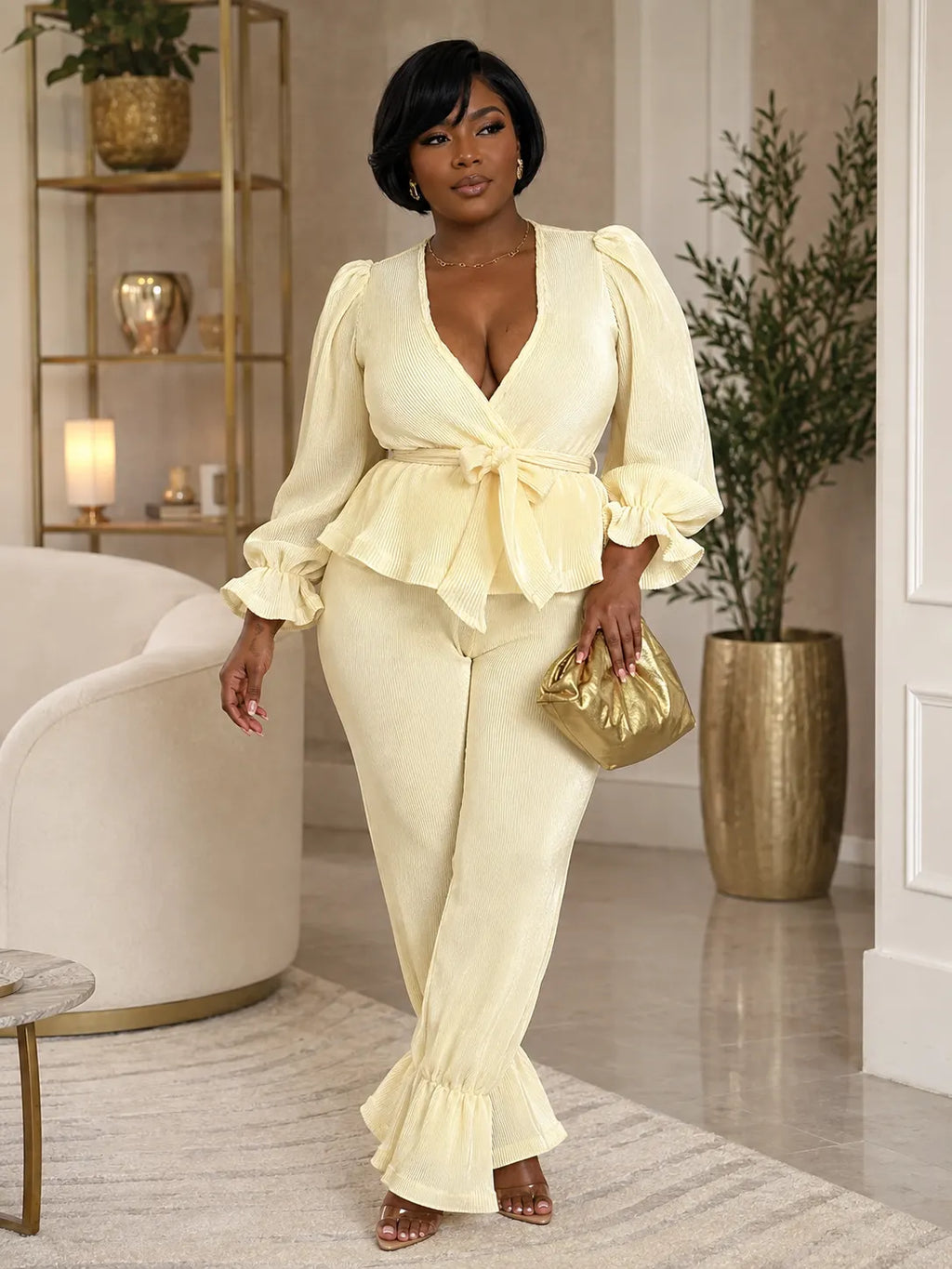 Ribbed V Neck Flare Sleeve Top Wide Leg Pants 2pcs Set