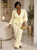 Ribbed V Neck Flare Sleeve Top Wide Leg Pants 2pcs Set