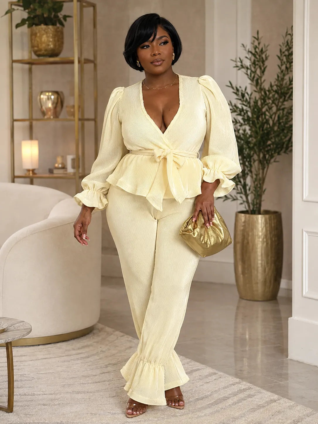 Ribbed V Neck Flare Sleeve Top Wide Leg Pants 2pcs Set