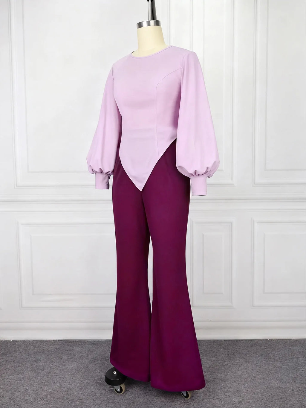 Two-Piece Lavender Puff Sleeve Top & Burgundy Flare Pants Set