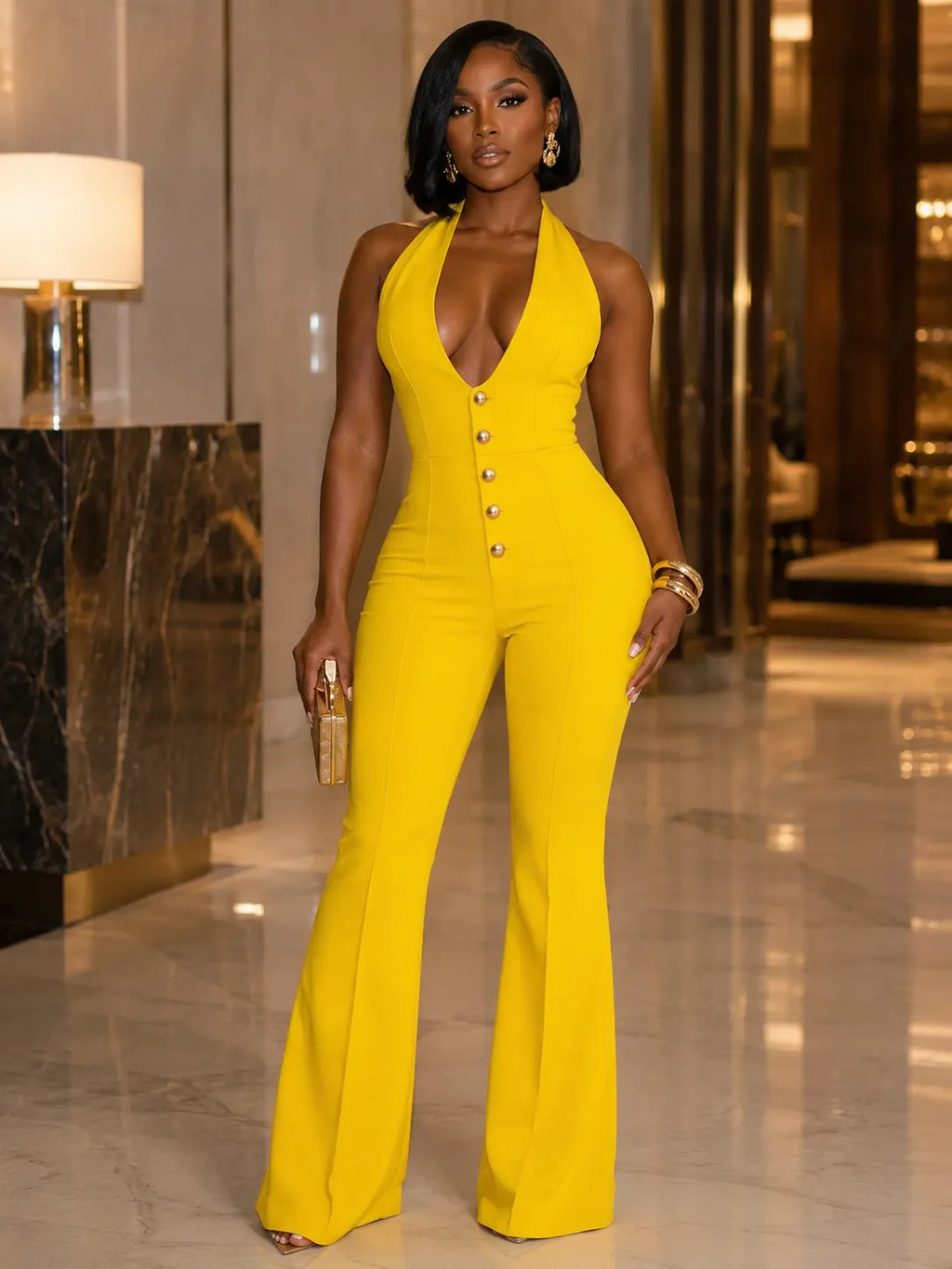Single Breasted Halter Deep V Neck Backless Plain Flare Leg Jumpsuit-Yellow