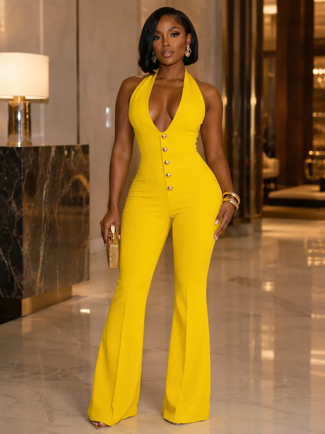 Single Breasted Halter Deep V Neck Backless Plain Flare Leg Jumpsuit-Yellow