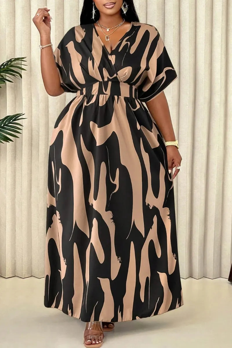 Women's Abstract Print V-Neck Batwing Sleeve Waisted Maxi Dress