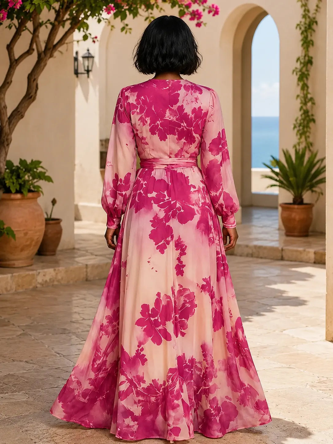 Floral Print Long Sleeve Sash Belted Wrapped Vacation Maxi Dresses-Fuchsia