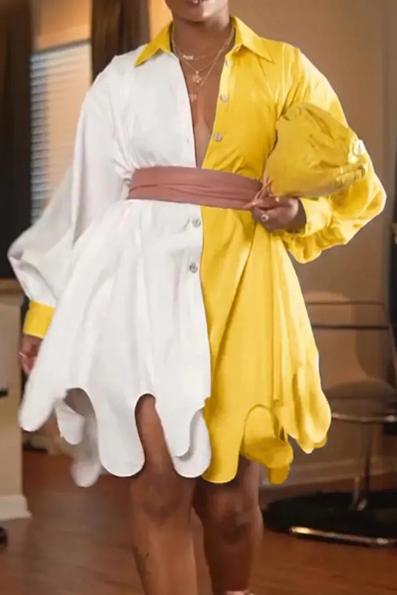 Ladies' Fashionable Bubble Sleeve Shirt With Contrasting Asymmetrical Hem Dress And Belt