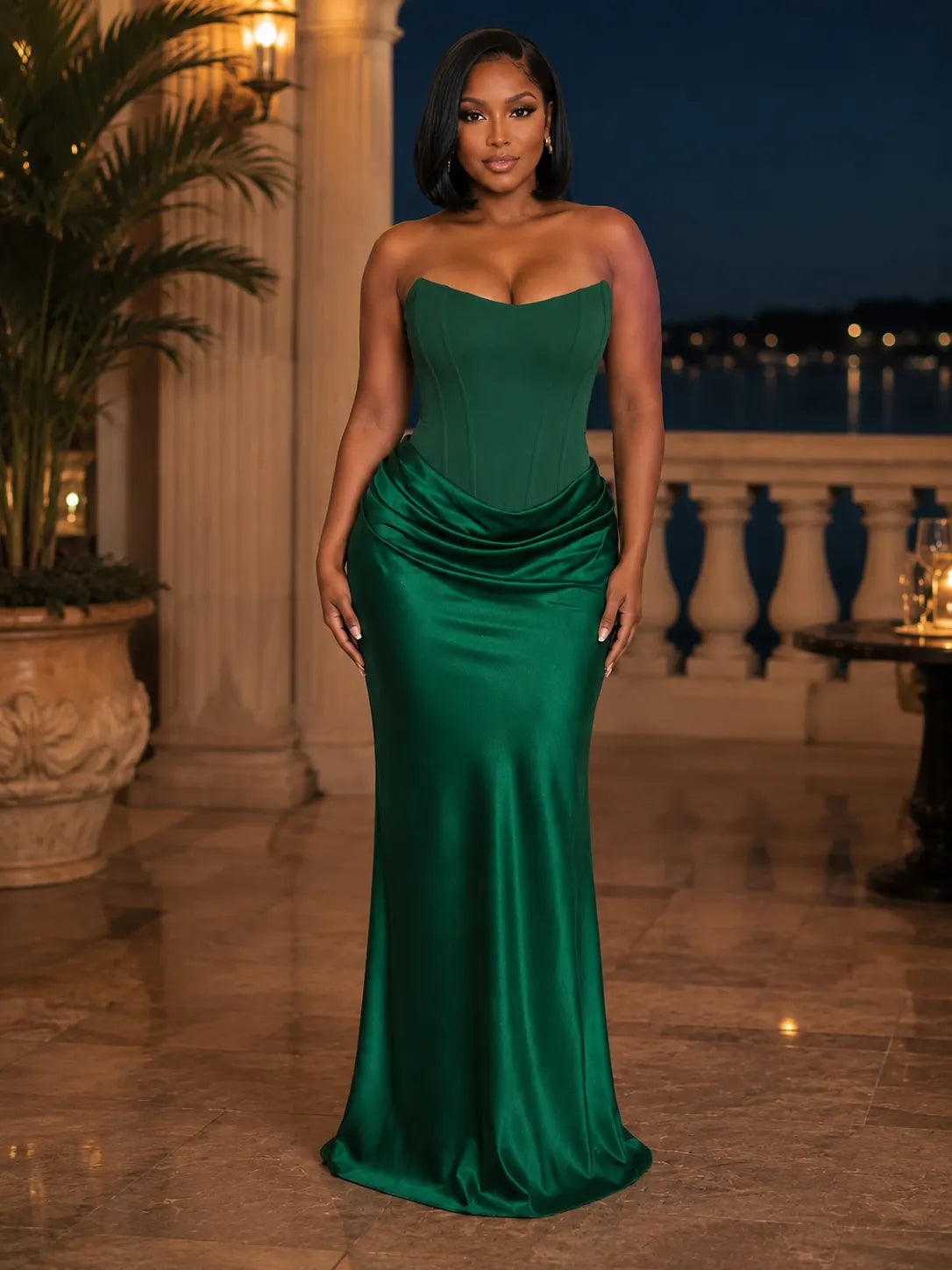 Strapless Draped Halter Scarf Slim Fit Satin Evening Gowns Maxi Dresses