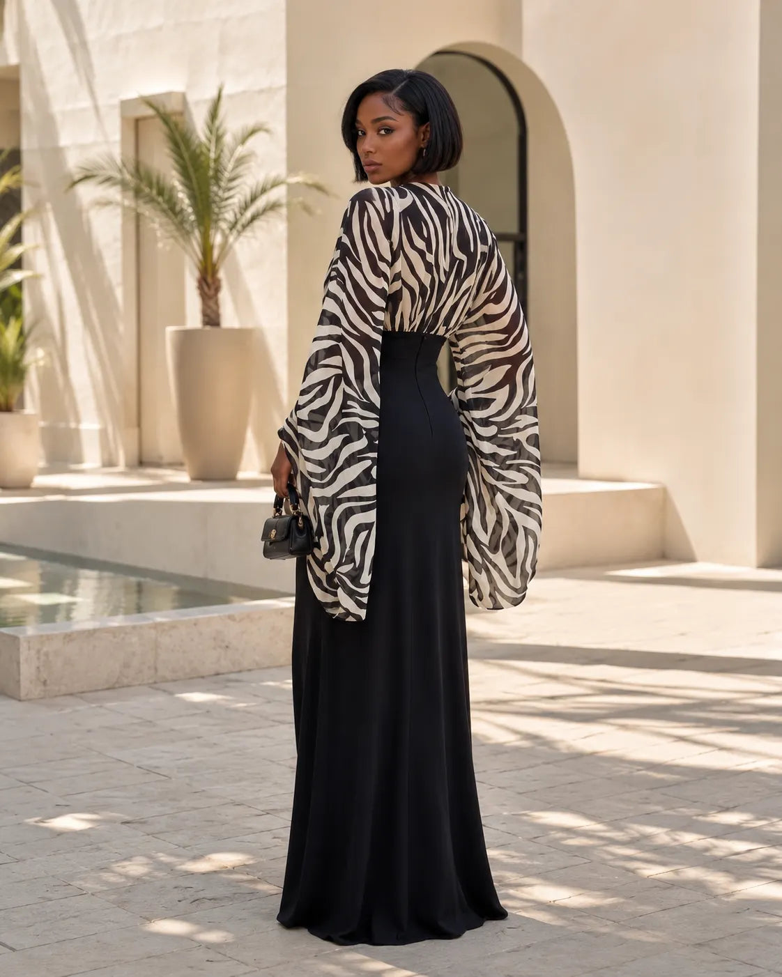 Zebra Print Batwing Sleeve Deep-V Maxi Dress