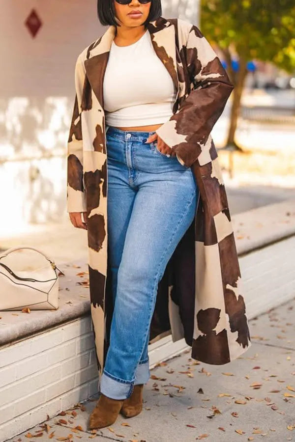 Stylish Lapel Neck Cow Print Coat