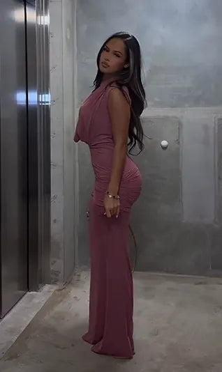 Draped Neck Sleeveless Ruched Waist Bodycon Maxi Dress