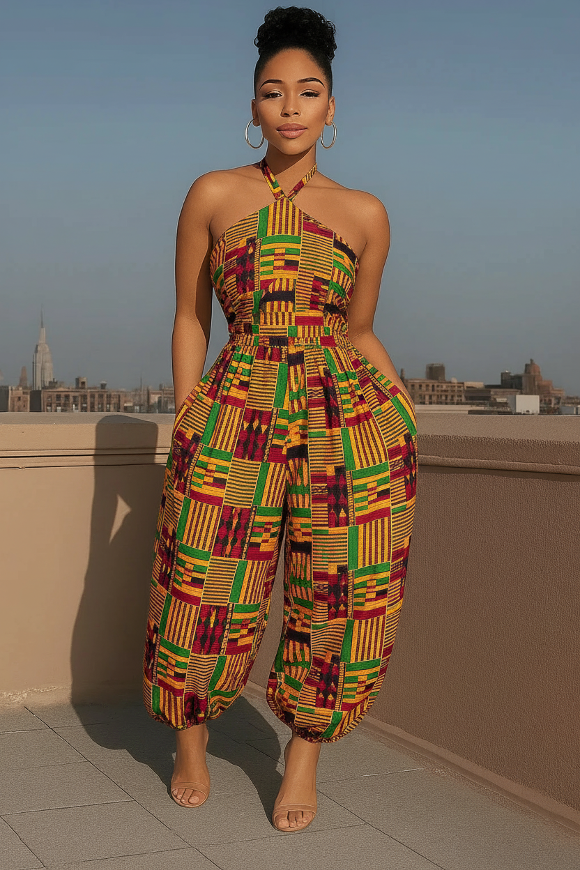 African Kente Print Halter Neck Jumpsuit