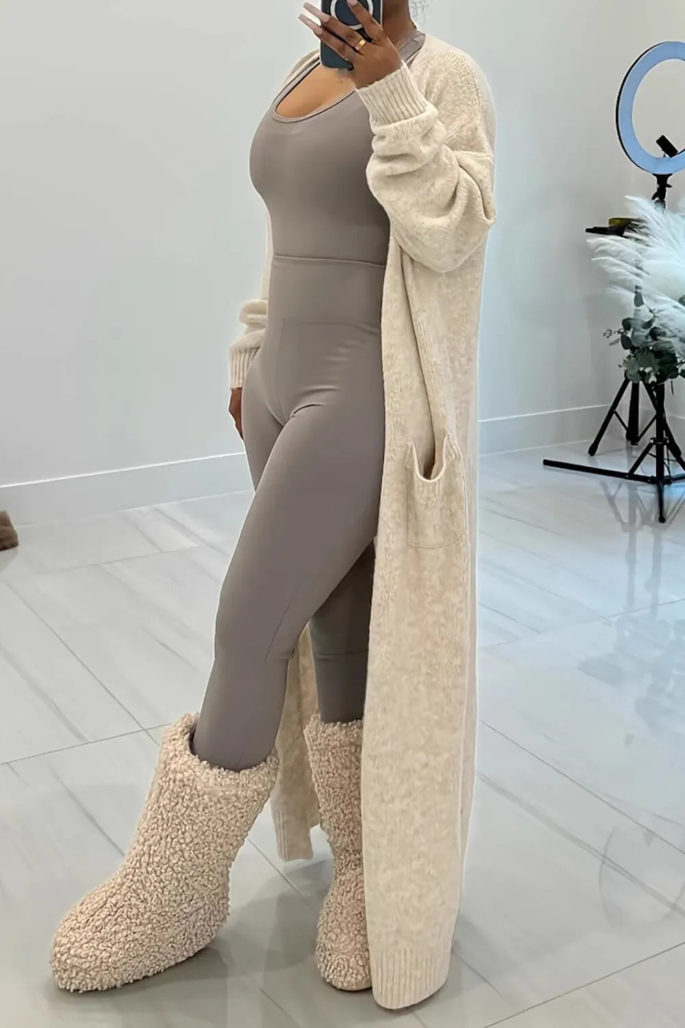 Knit Solid Color Pocket Casual Sweater Long Cardigan-Beige