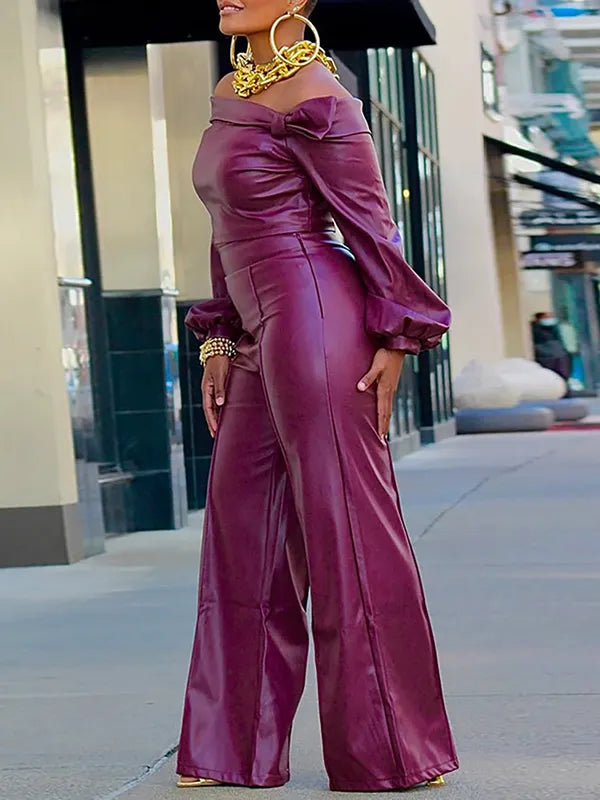 Solid Color Loose Plus Size Off-The-Shoulder Blouse Tops&Pants Two Pieces Set