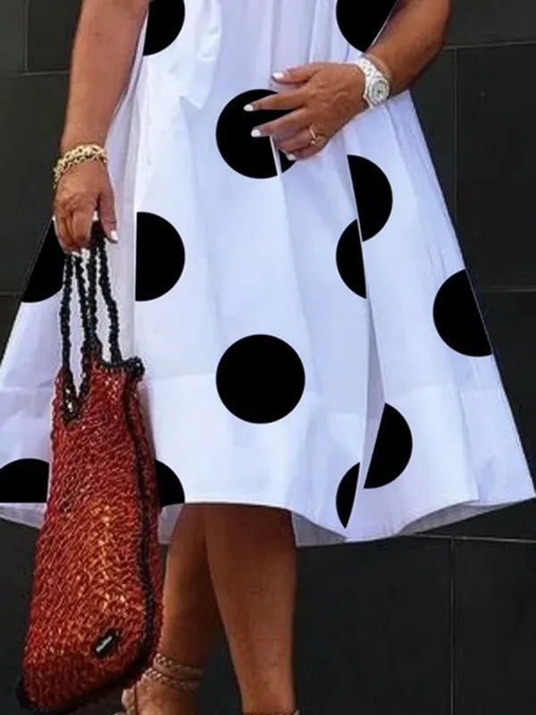 A-Line Short Sleeves Pleated Polka-Dot Printed Split-Joint Round-Neck Midi Dresses