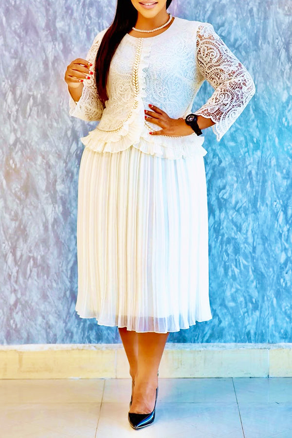 Vintage Lace Ruffle Top & Pleated Skirt Set