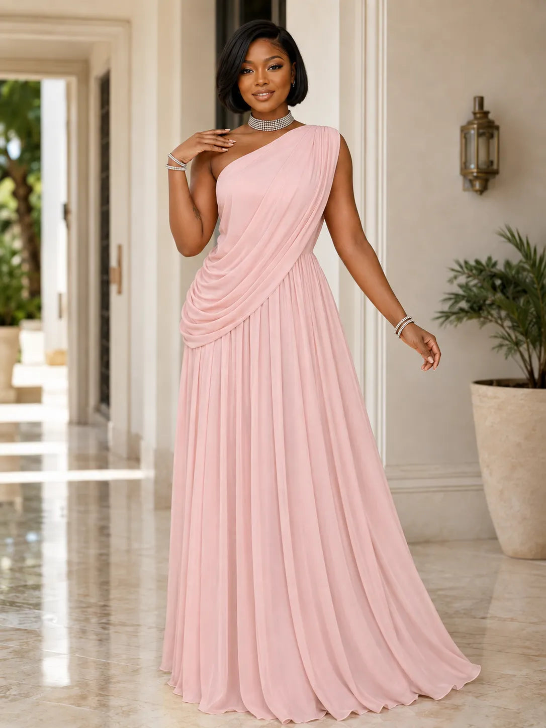 Sloping Shoulder Ruched Sleeveless Chiffon Evening Gowns Maxi Dresses