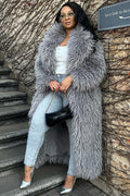 Shawl Collar Long Sleeve Front Opened Faux Fur Long Coat-Gray [Pre Order]