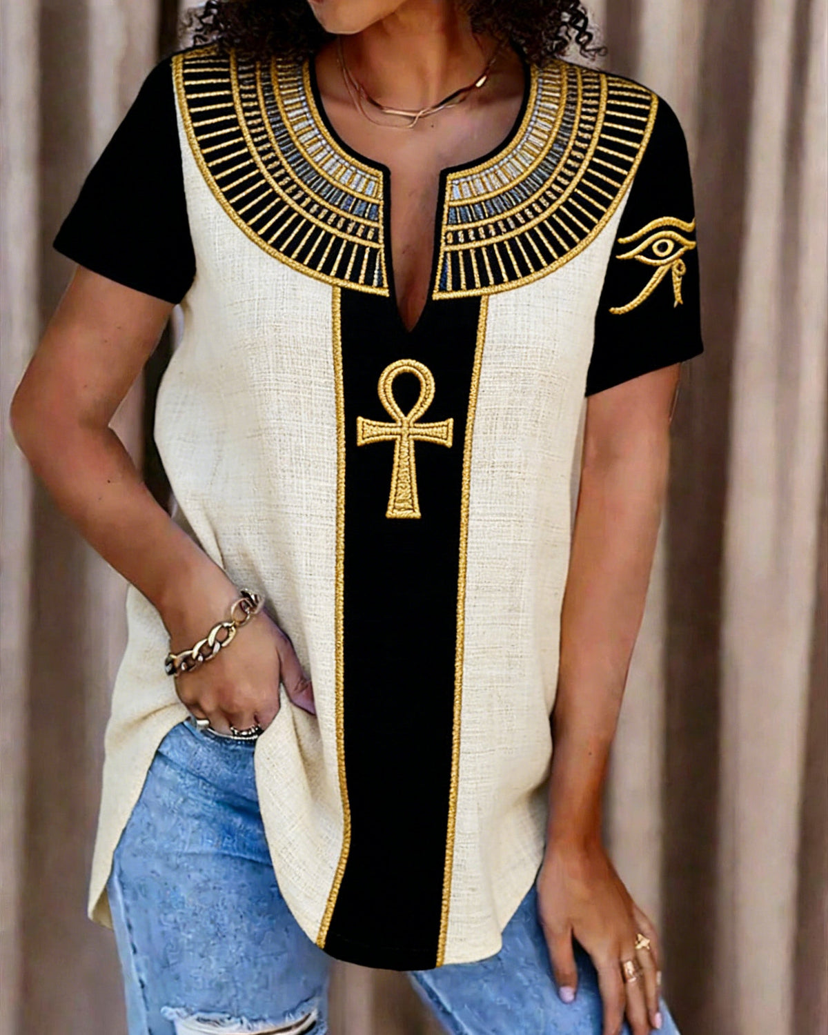 Egyptian Elements Print V-neck Short-Sleeve Shirt