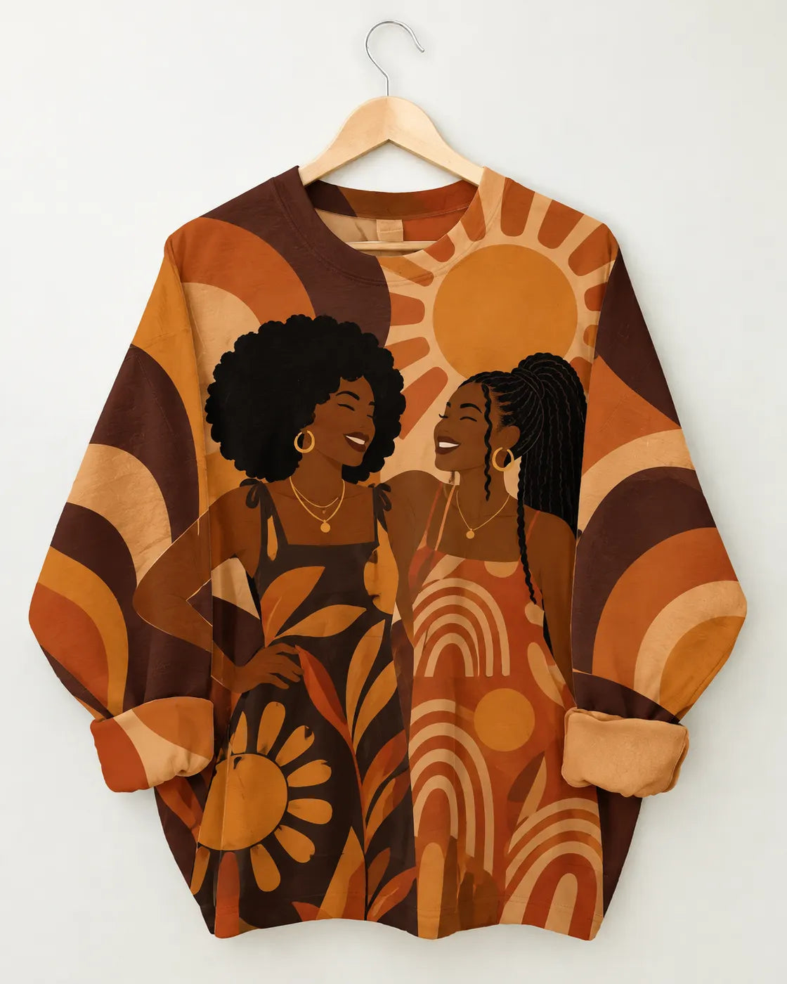 Orange Brown Sun Print Two Women Graphic Sweatshirt