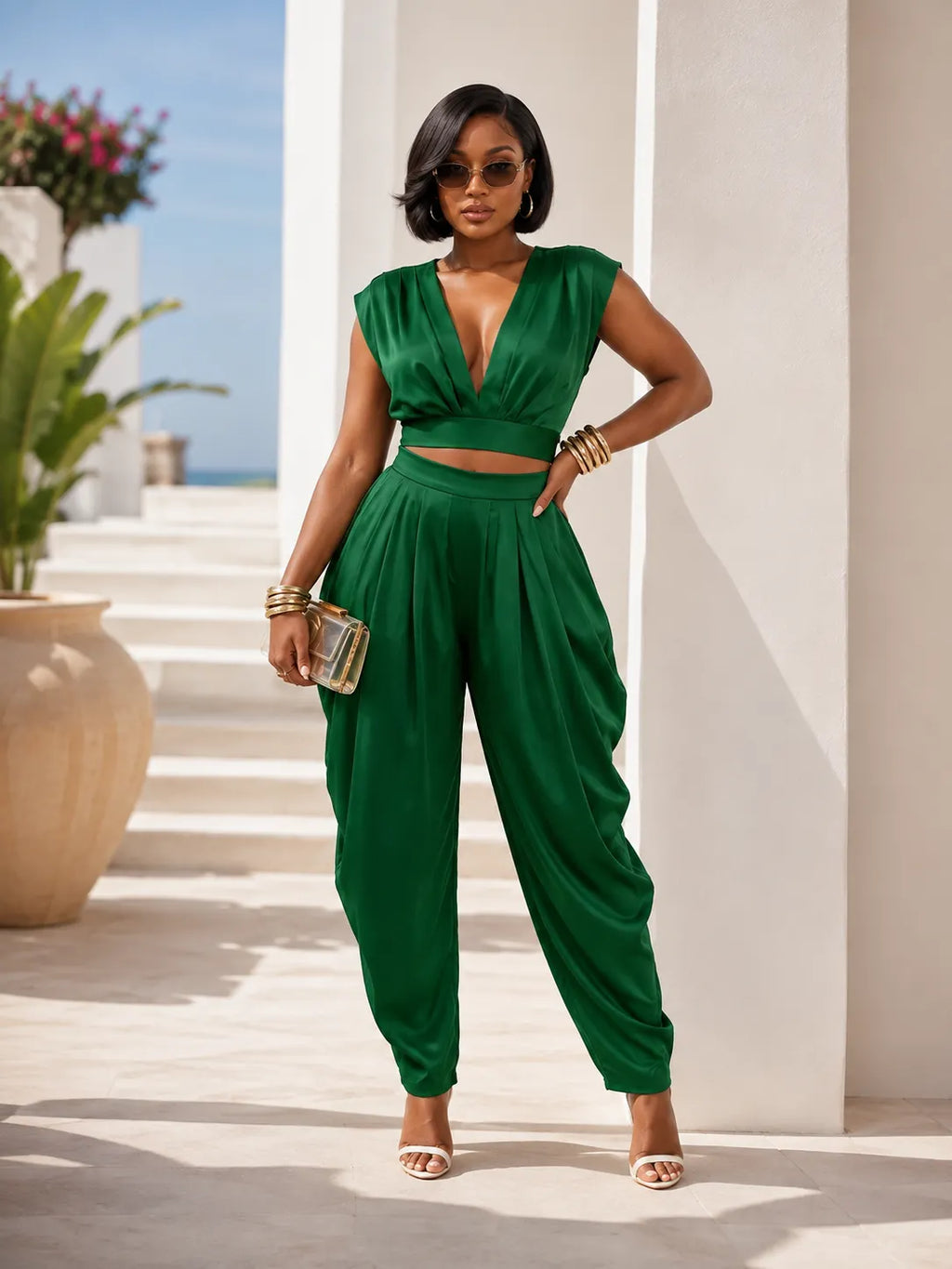 Solid Color Backless Deep V Neck Crop Top Ruched Pants 2pcs Set
