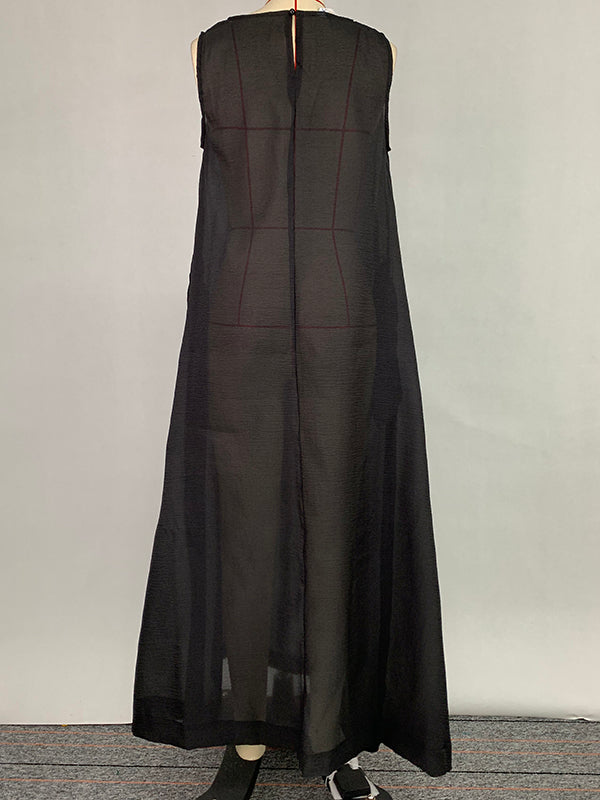 A-Line Loose Pockets See-Through Solid Color Round-Neck Cover-Up Midi Dresses