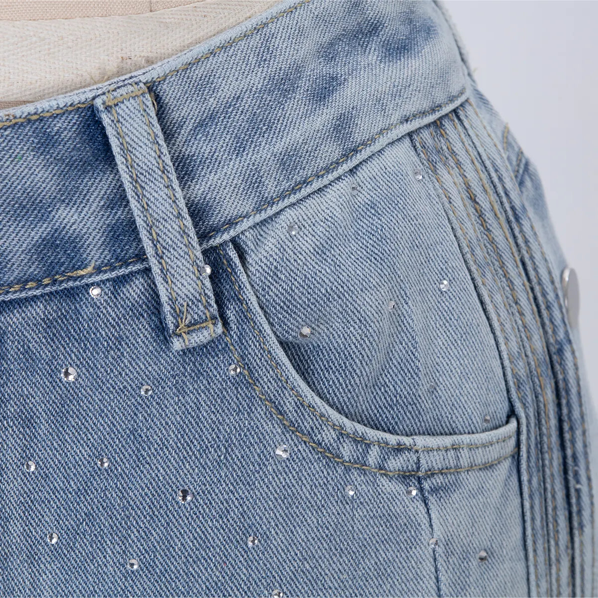 High-Waisted Rhinestone Embellished Side Button Jeans