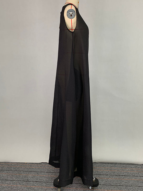 A-Line Loose Pockets See-Through Solid Color Round-Neck Cover-Up Midi Dresses