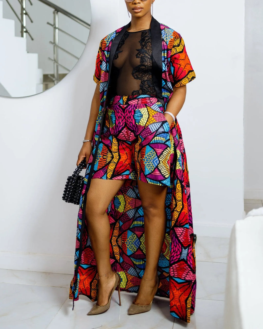 Women's Casual Print Kimono & Shorts Two-Piece Set