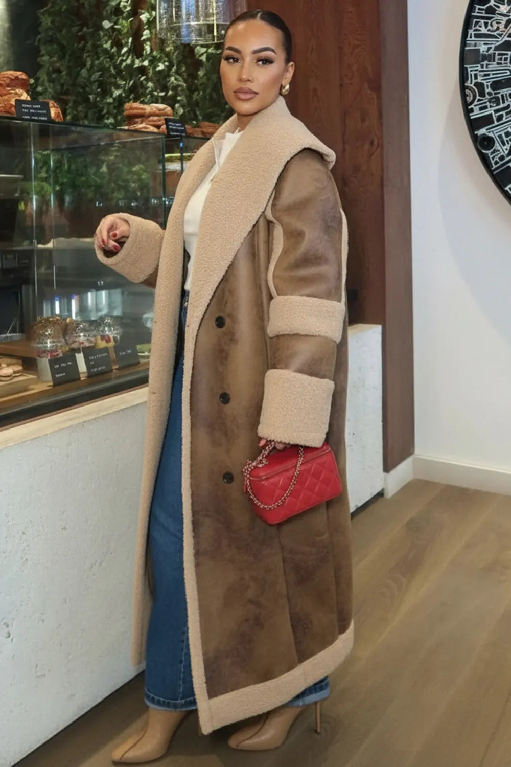 Shawl Neck Double Breasted Fleece Lined PU Leather Overcoat-Brown [Pre Order]