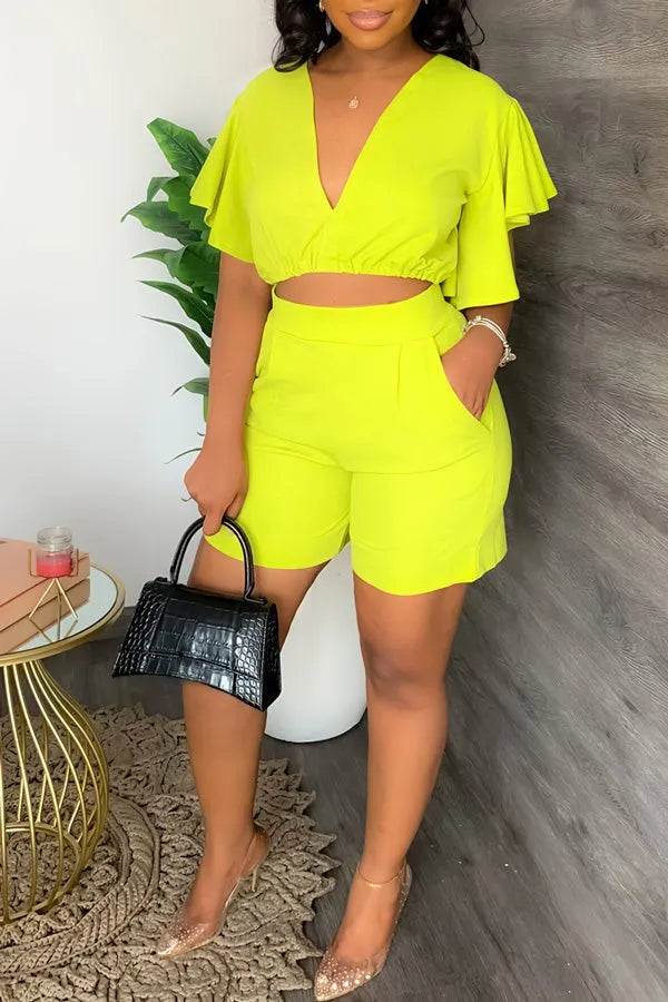 Bright V Neck Top & Shorts Set