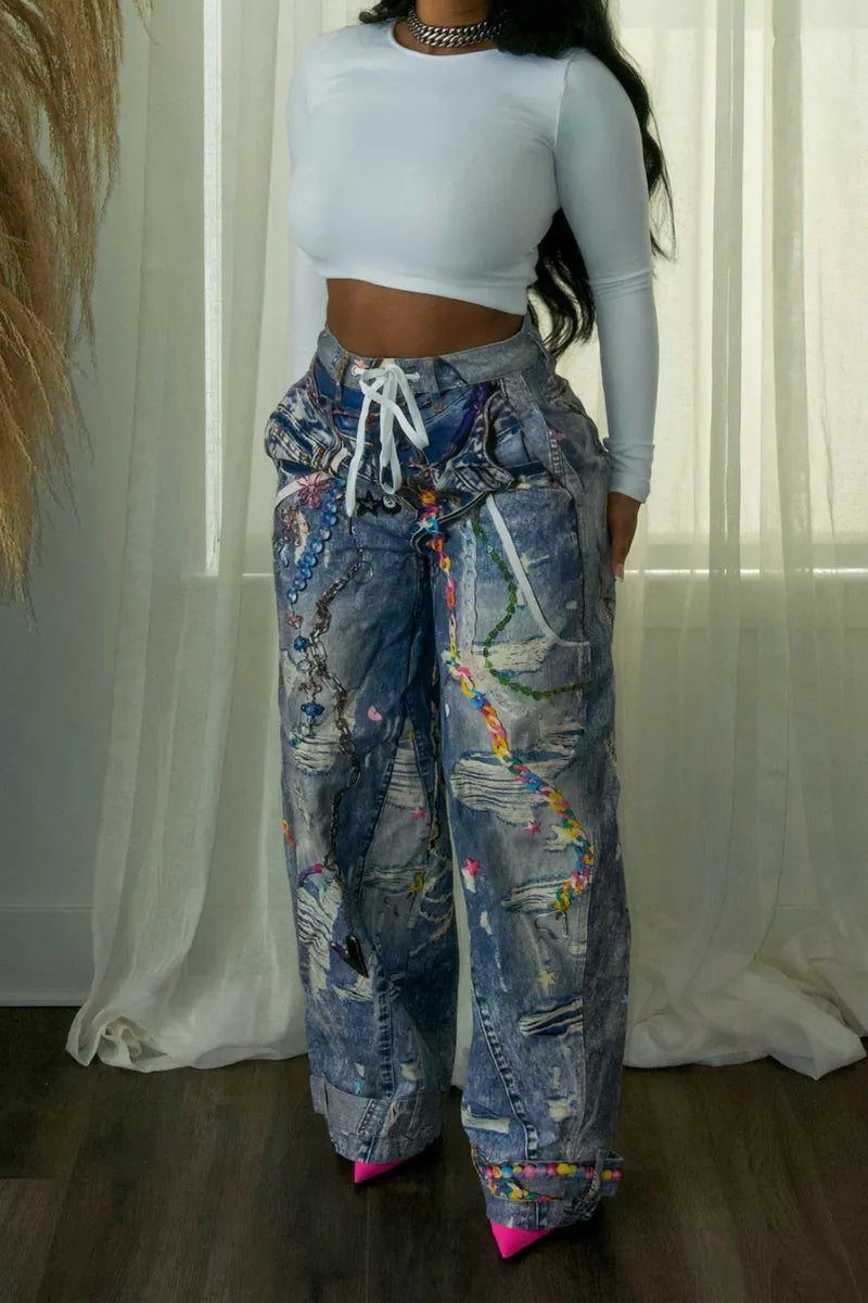 Fashion Street Chain Print Wide Leg Jeans