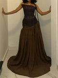 Ethnic Dot Strapless Fitted Waist Chocolate Flowy Train Maxi Dress