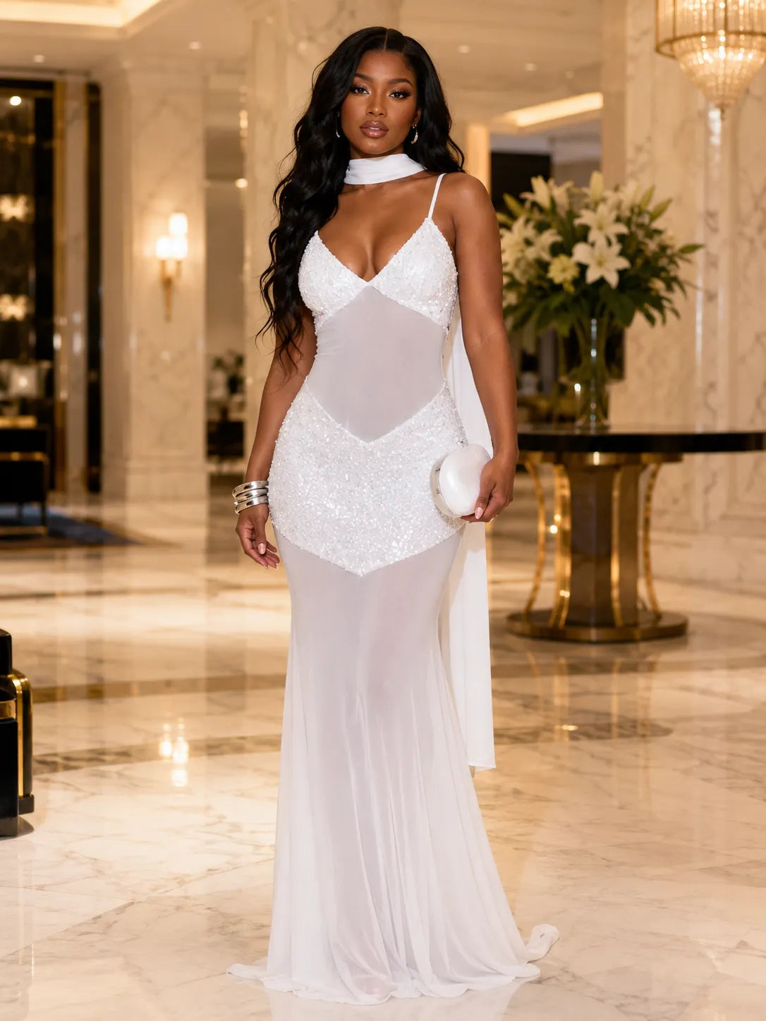 Halter Scarf V Neck Sequin Patchwork Mesh Cami Mermaid Maxi Dresses
