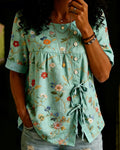 Bohemian Floral Print Cotton Linen Button-down Tie Blouse