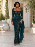 Square Neck Sequin Mesh Sheath Gown with Draped Side Train