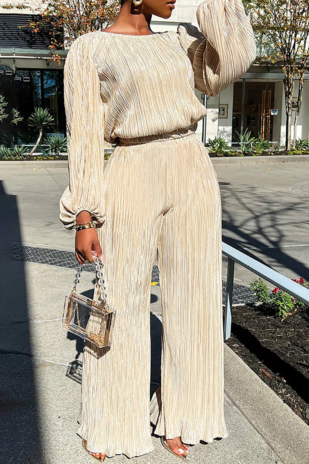Pleated Solid Color Lantern Sleeve Top Wide Leg Pants Matching Set-Beige
